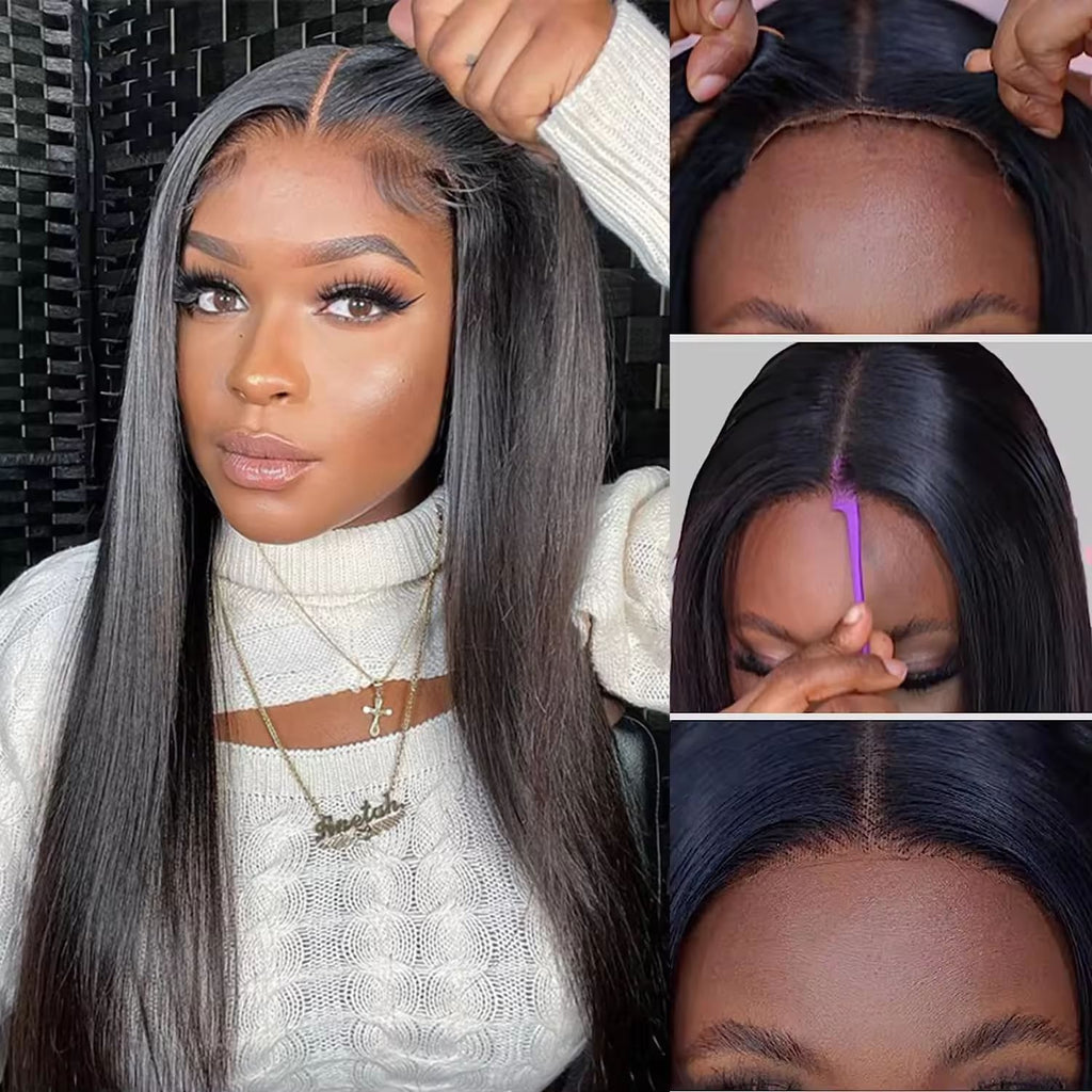 Glueless straight human hair wig with 150%–220% density