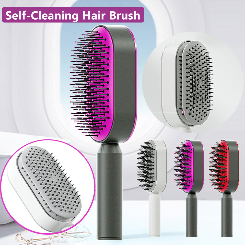 One-touch self-cleaning hairbrush