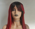 Red straight human hair wig with fringe